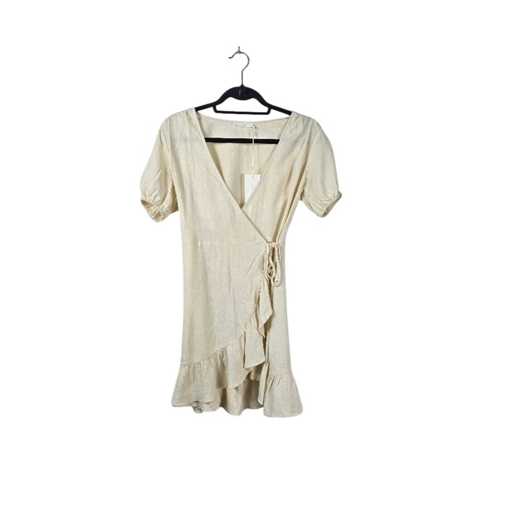 Lush Wrap Dress Womens S Beige Boho Ruffle Linen blend  Wrap NWT